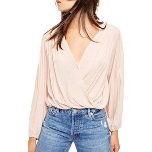 Free People Check On It Wrap XS Blouse Pink Nectar Surplice Puff Sleeve Crepe